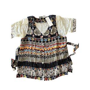 Casual Studio 80s Women's Boho Top Short Sleeves Shoulder Pads Button Front PM